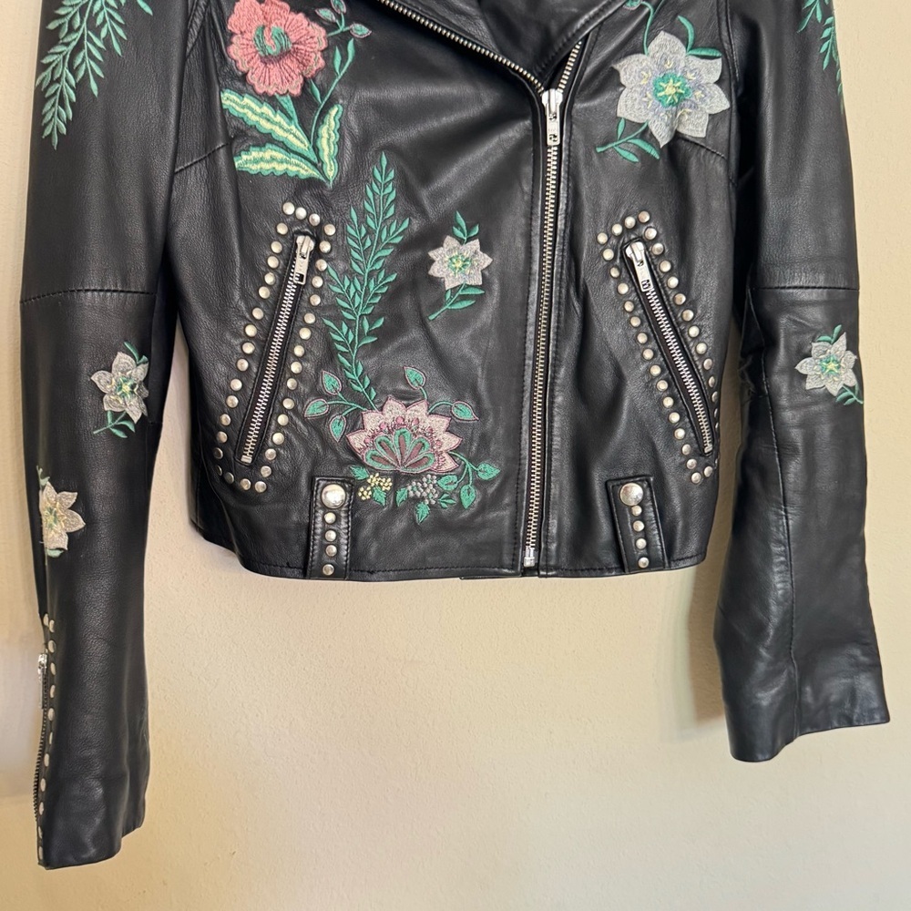 Barney's Original Floral Embroidered Studded 100% Leather Jacket Size 8 Motto - Picture 8 of 16
